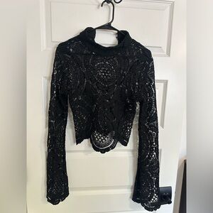 Black crochet lace bell sleeve top